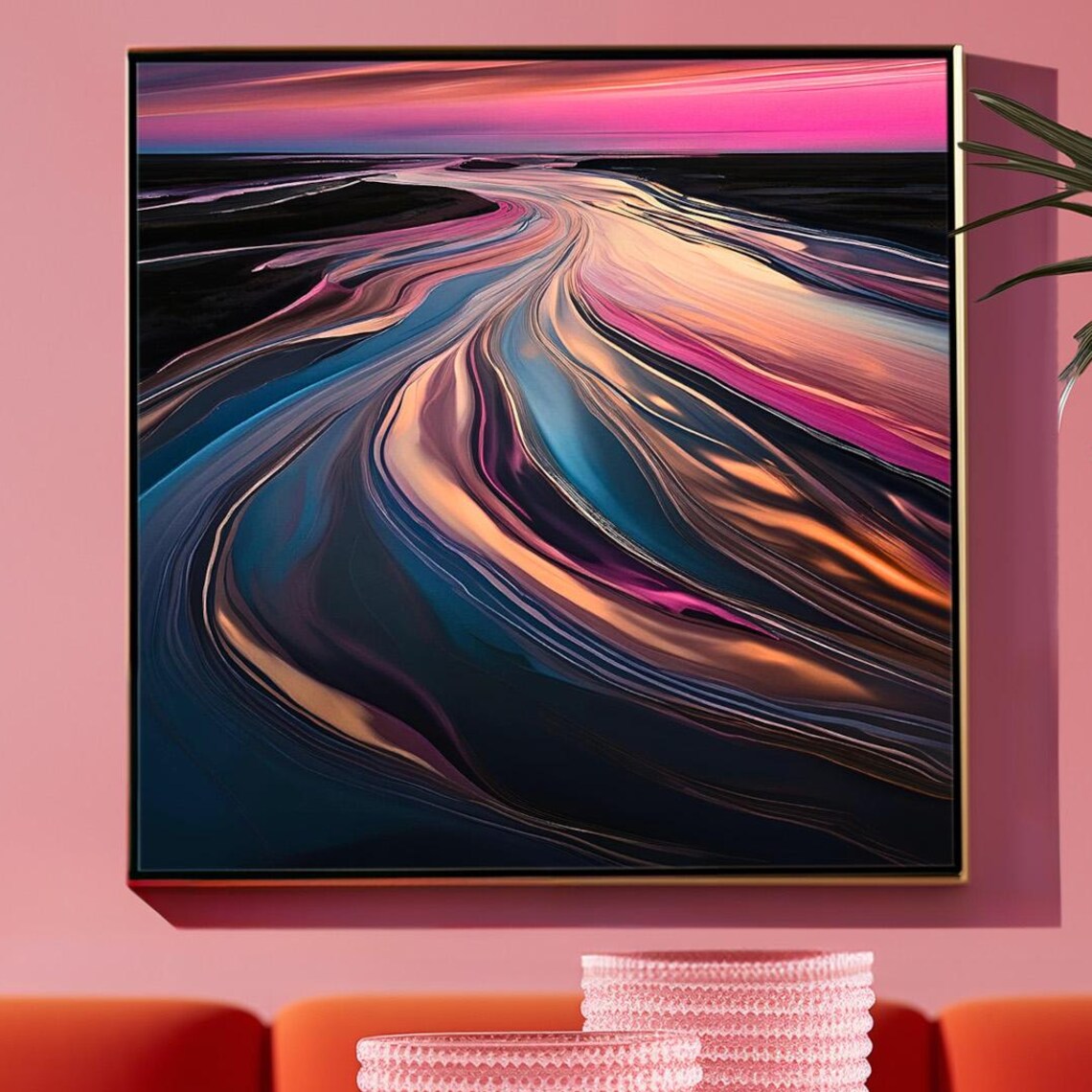 Abstract River Poster Print, Pink Sunset Wall Art