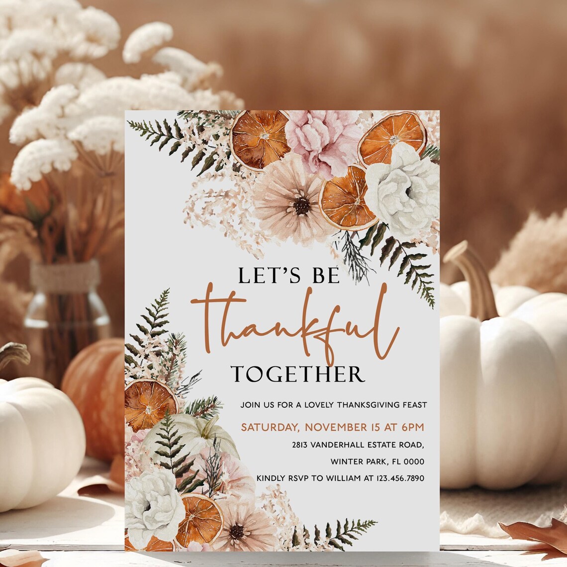 Thankful Together Thanksgiving Invitation Citrus Floral Editable Print