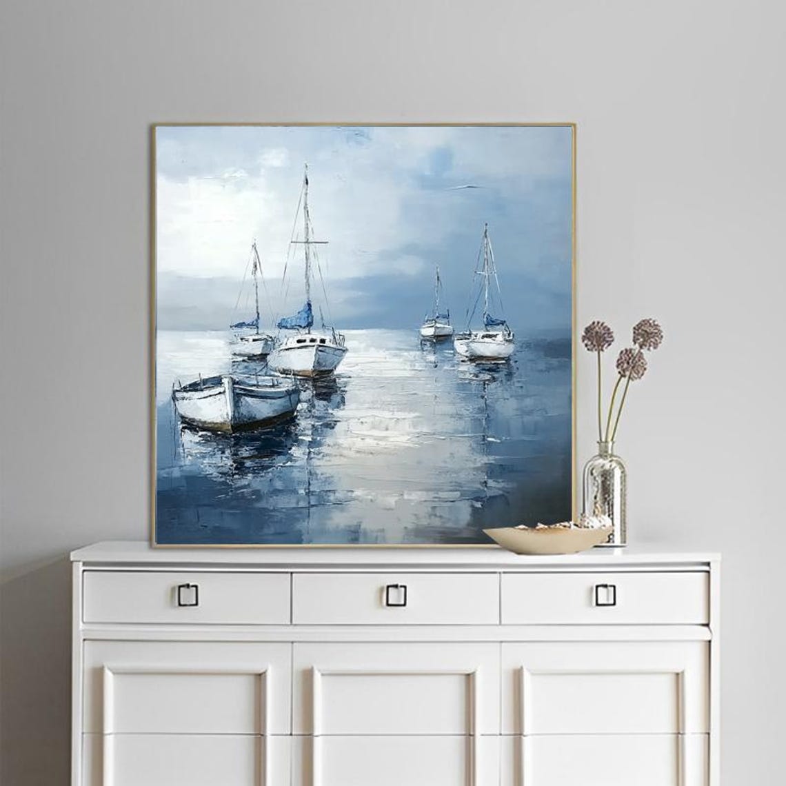 White Sailboats Anchored In Calm Blue Harbor Hand Painted Art Poster - Image 5