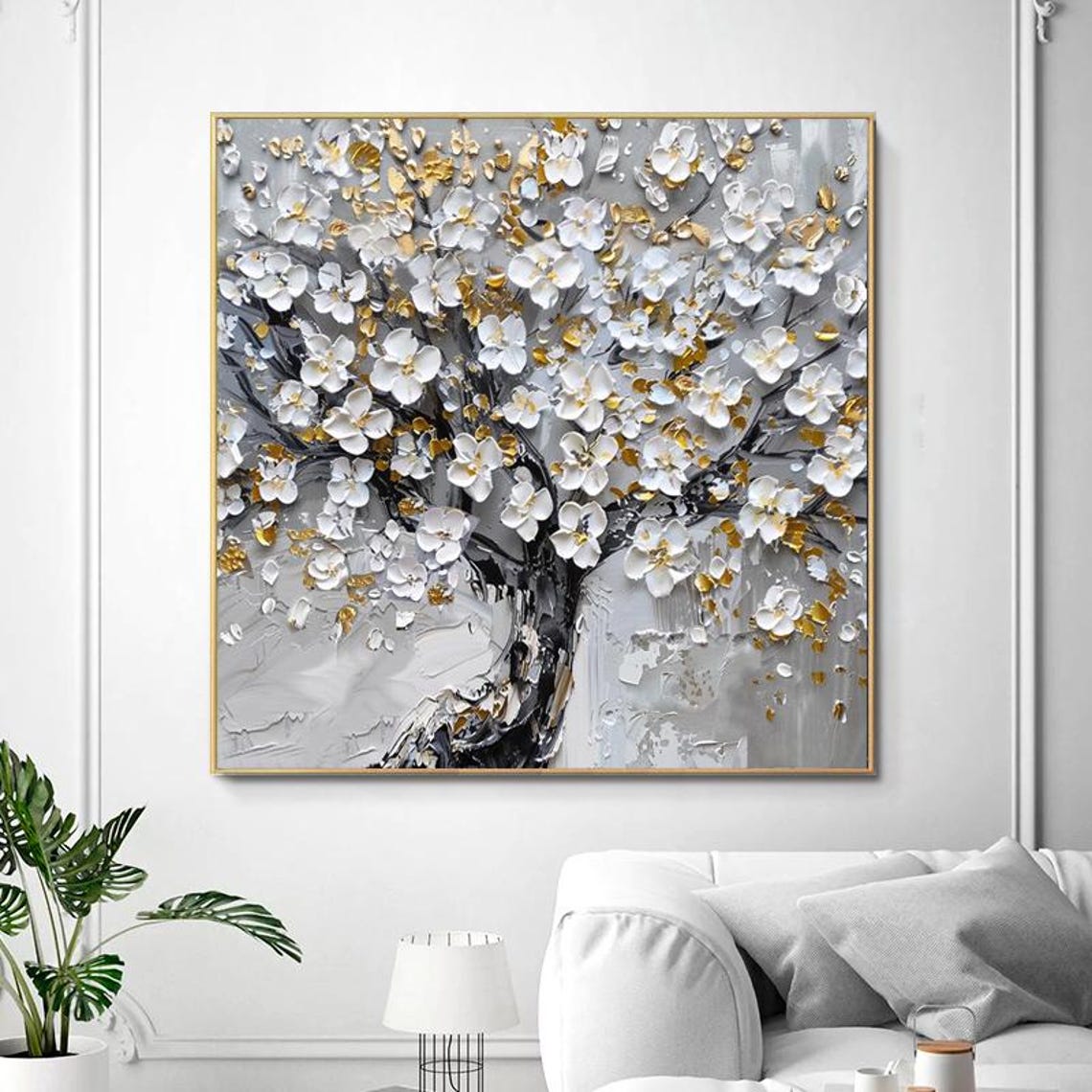 Tall White Cherry Blossom Tree With Golden Leaves Square Poster