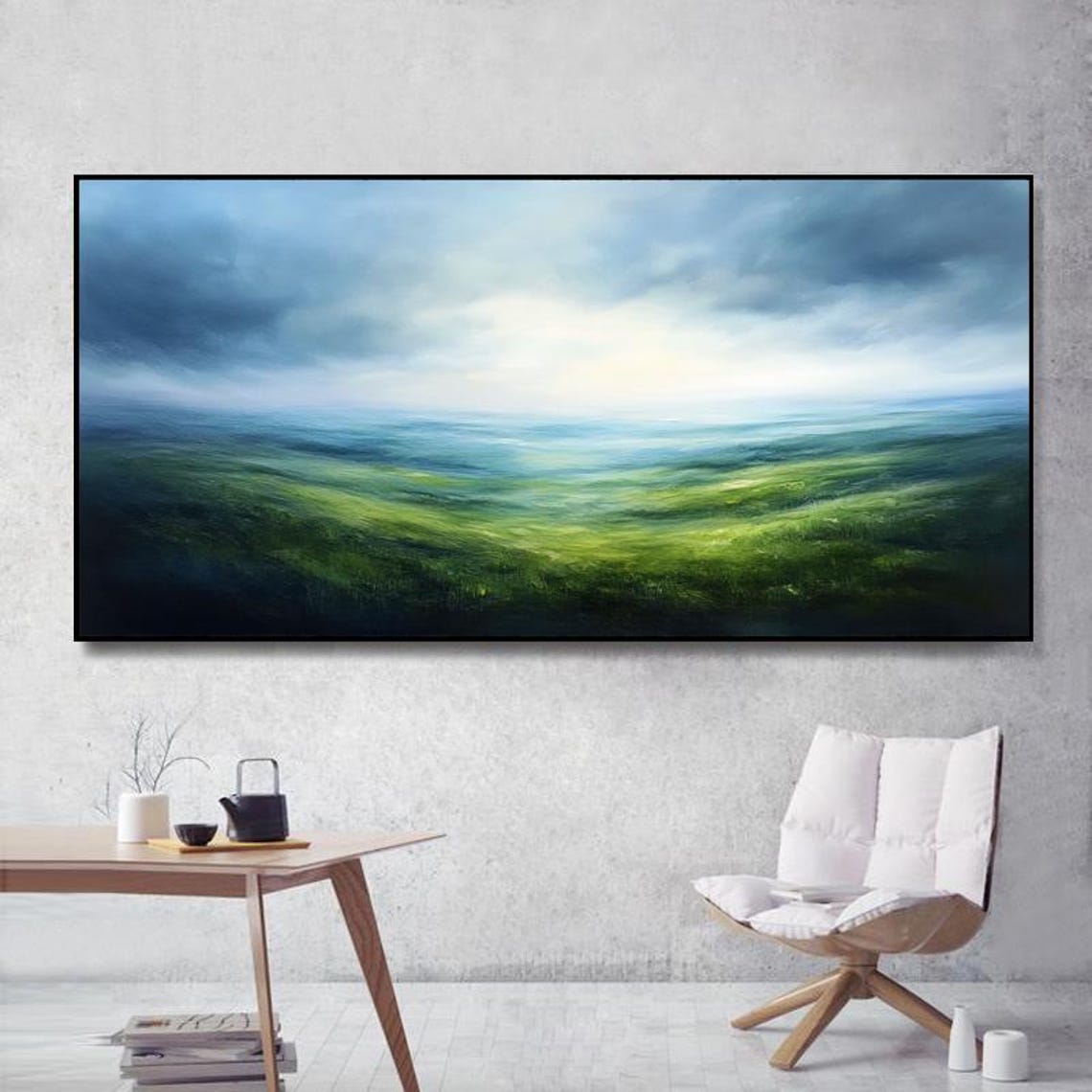Emerald Green Rolling Hills Under Misty Sky Panoramic Landscape Poster