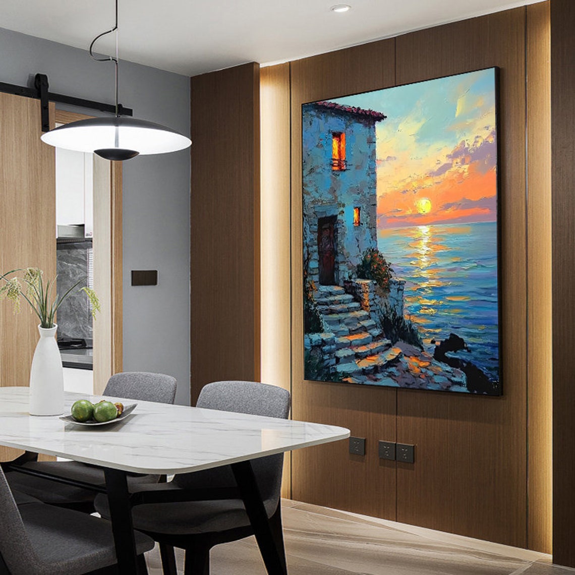 Mediterranean Stone Cottage Overlooking Sunset Seascape Poster - Image 3