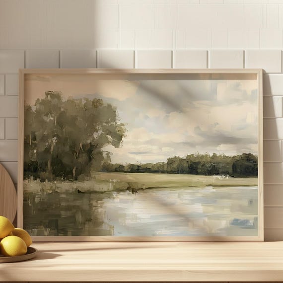 Neutral Landscape Wall Art Rustic Country Field Painting Nature Decor Modern Farmhouse Pastel Lake Scene