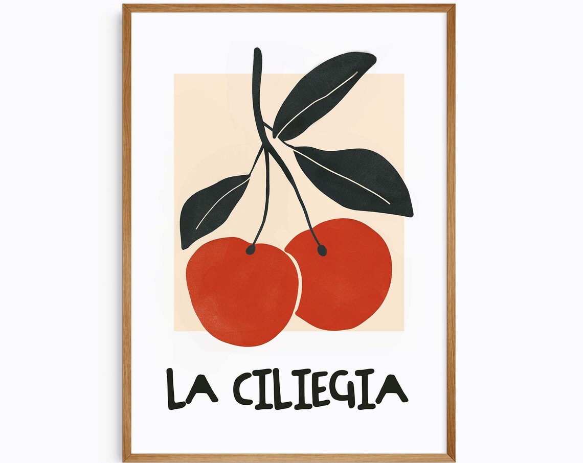 La Ciliegia Minimalist Red Cherries Modern Kitchen Art Poster