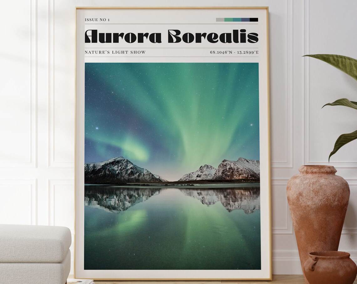 Aurora Borealis Northern Lights Travel Poster Nature Light Show Night Sky Art