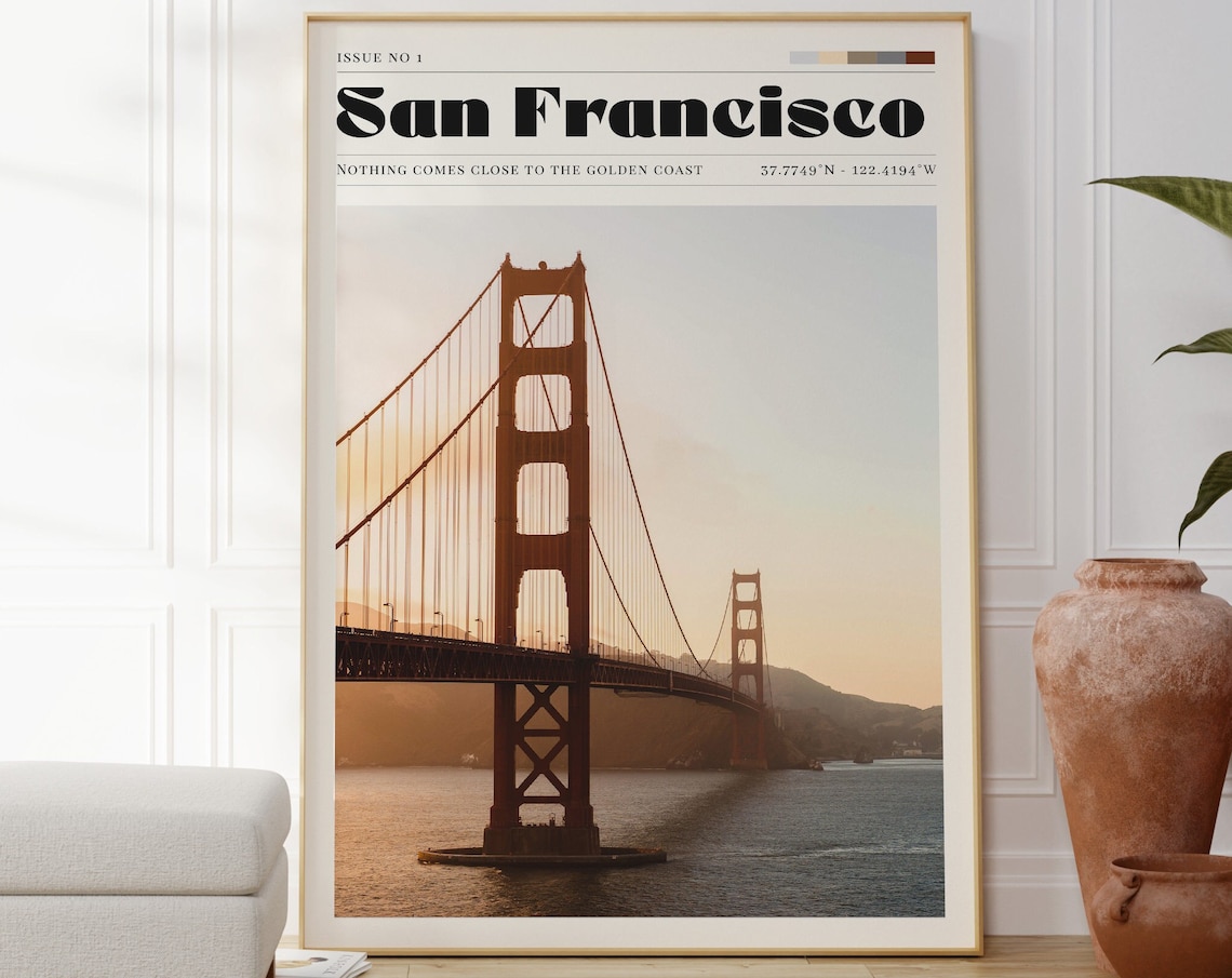 San Francisco Golden Gate Bridge Sunset Bay California Photo Travel Poster