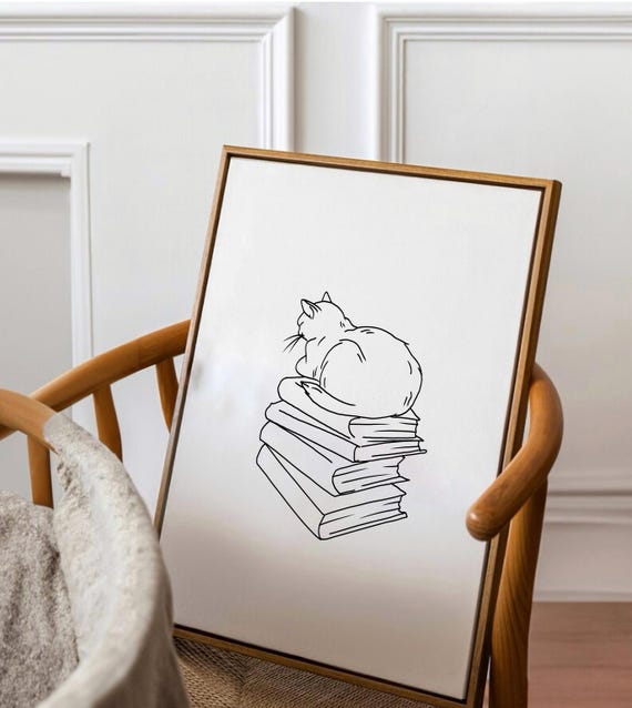 Cat On Books Print Minimalist Line Art Cute Wall Lovers Gift Book