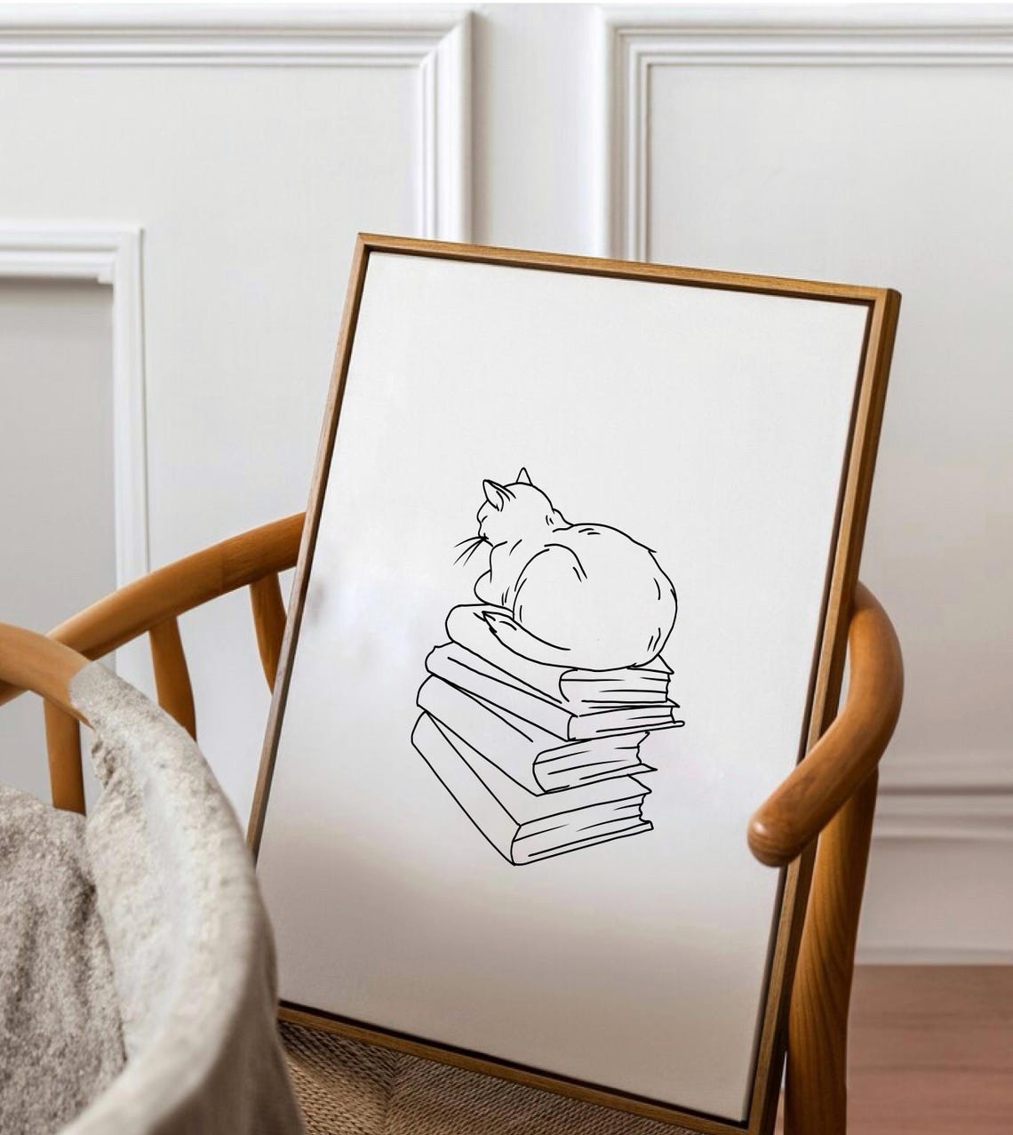 Minimalist Line Art Cat Sleeping on Stack of Books Wall Poster