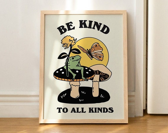 Retro Frog Wall Print Toad And Mushroom Print Cute 70s Aesthetic Room Decor Poster Housewarming Gift