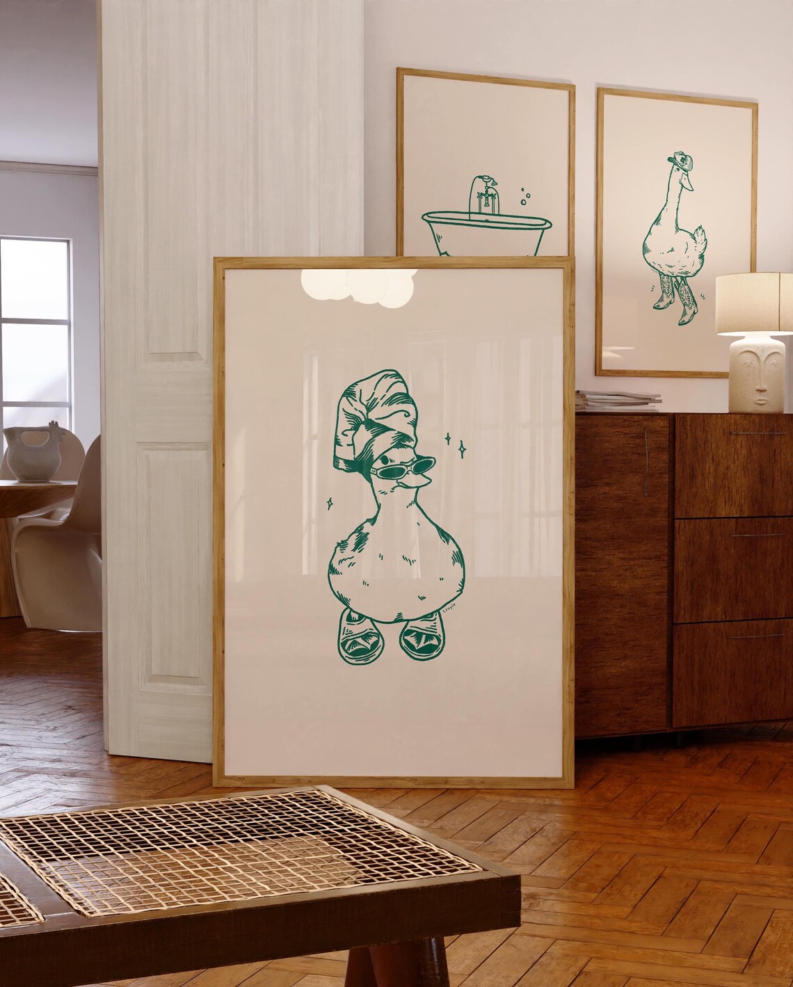 Cool Duck In Slippers, Retro Bathroom Art Print