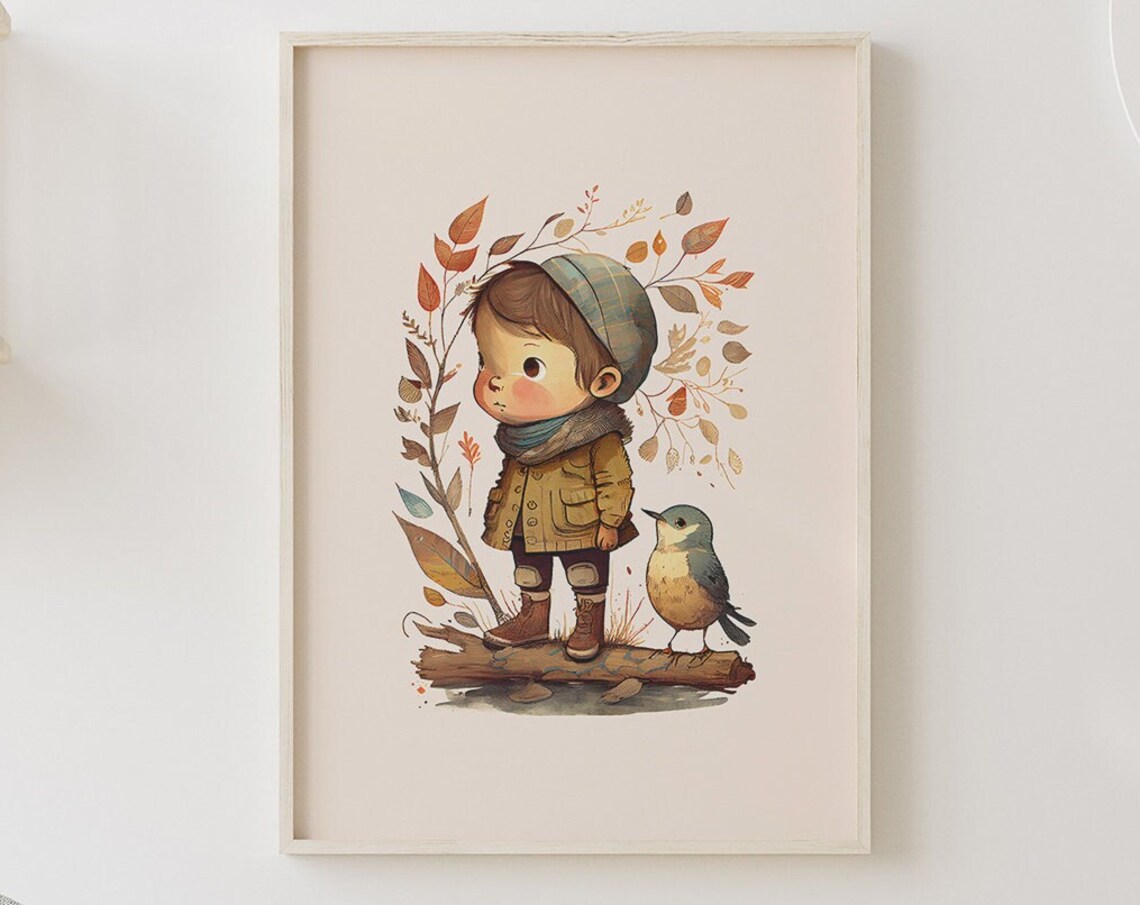 Little Boy and Bird Autumn Illustration Nursery Kids Room Poster
