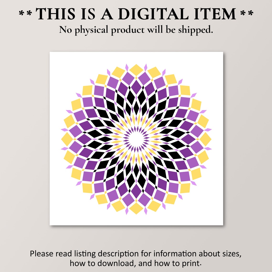 Nonbinary Pride Mandala Yellow Purple Diamond Art Wall Print Decor - Image 2