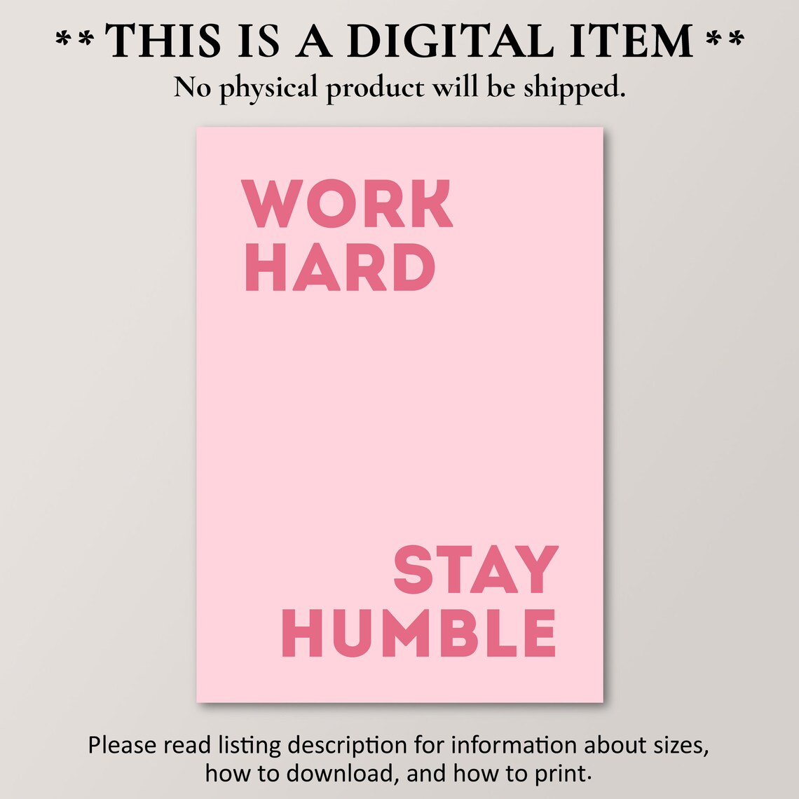 Work Hard Stay Humble Pink Motivational Quote Typography Poster - Image 2