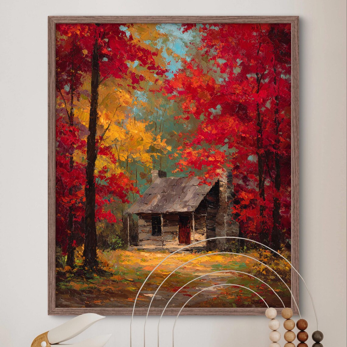 Cozy Rustic Log Cabin Autumn Forest Vintage Oil Painting Poster