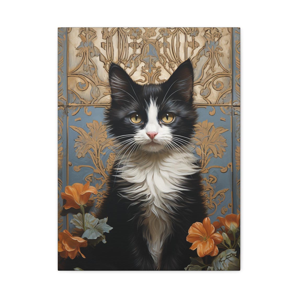 Black and White Tuxedo Cat Golden Floral Vintage Style Poster
