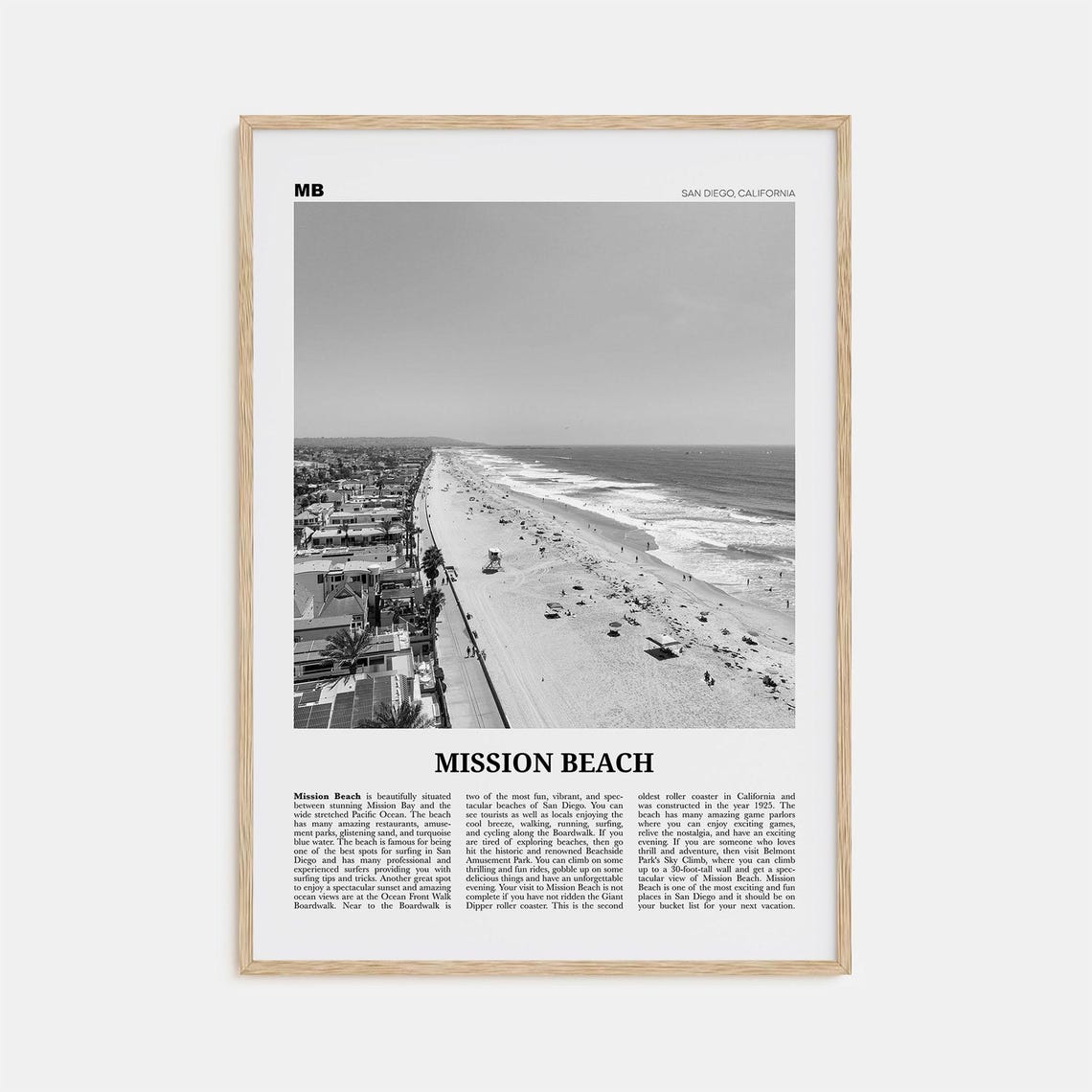 Mission Beach Black and White, San Diego Travel Poster