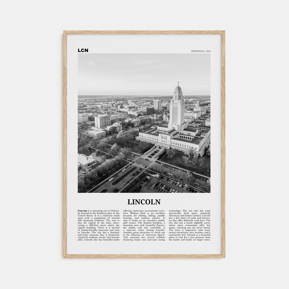 Lincoln Black and White Travel Poster, Nebraska USA