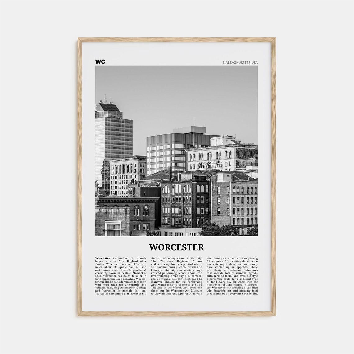 Worcester Black and White Travel Poster, Massachusetts
