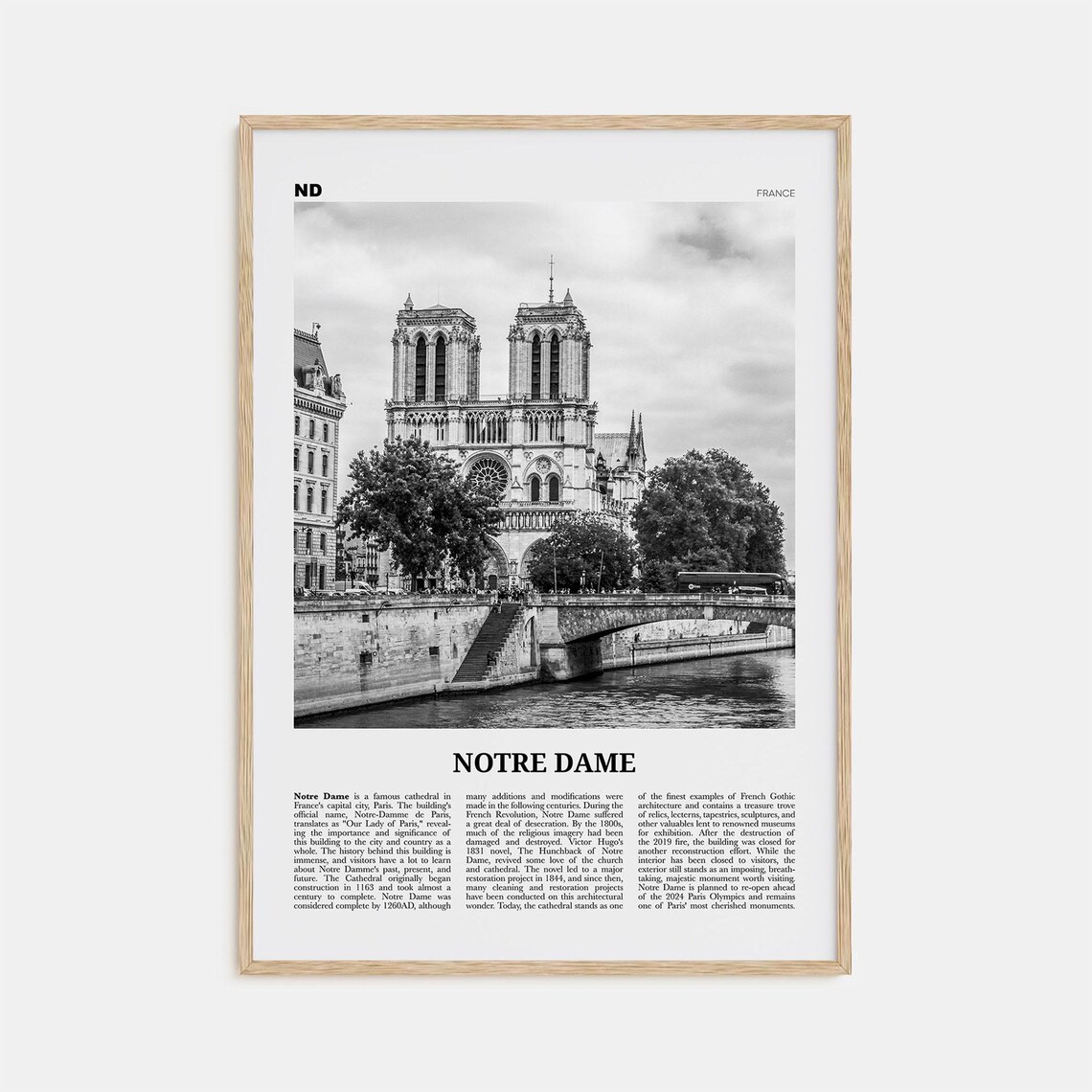Notre Dame Black and White France Travel Poster