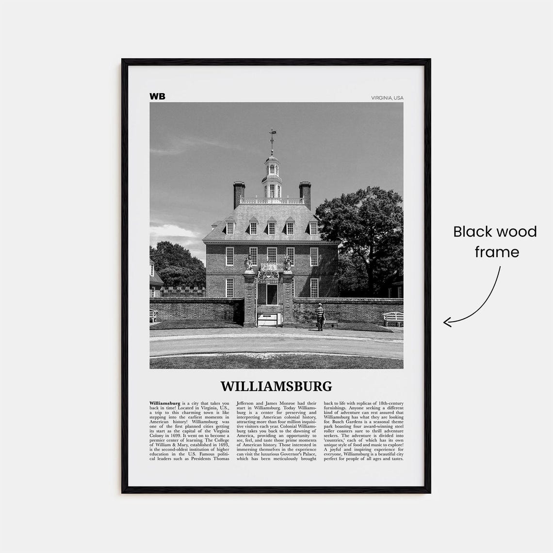 Williamsburg Black and White Virginia Art Print - Image 3