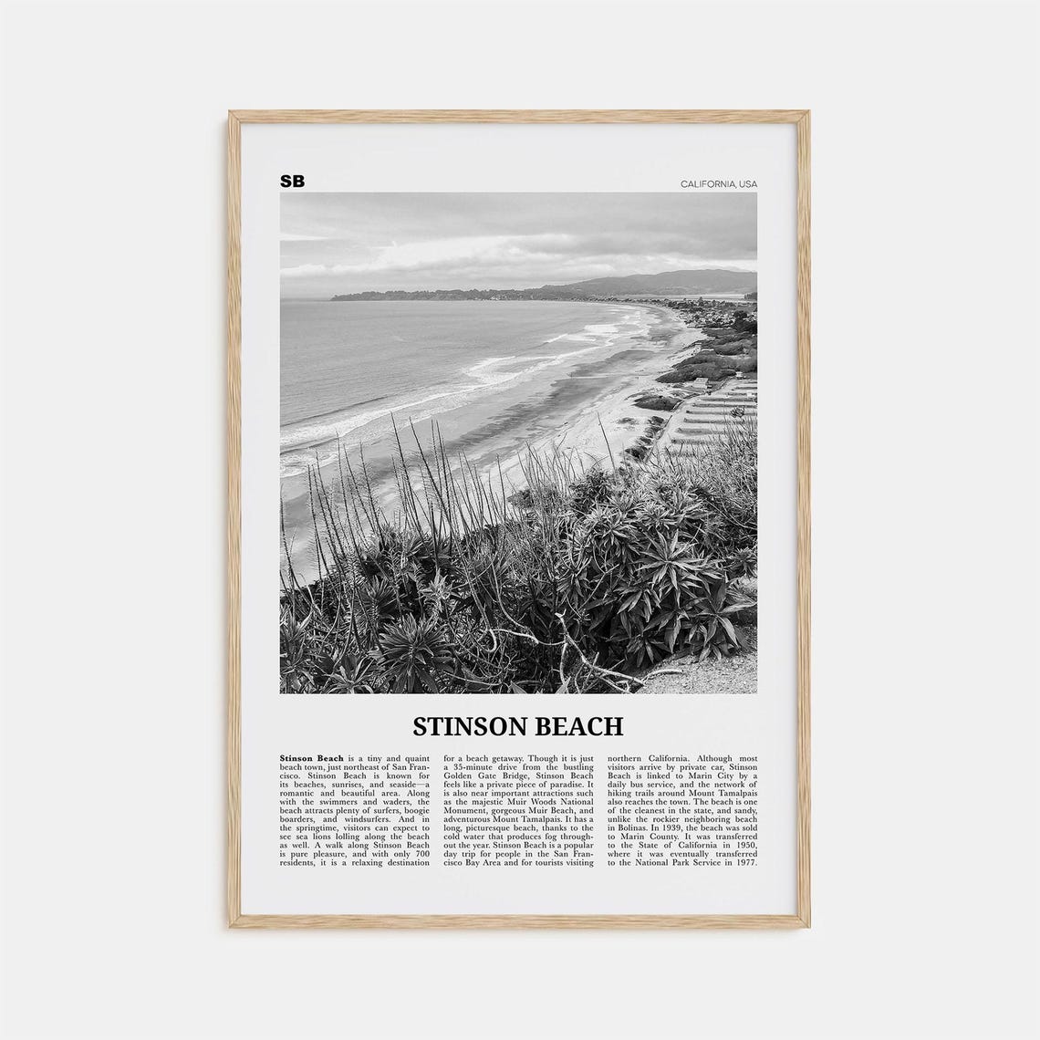 Stinson Beach Black and White California Travel Poster