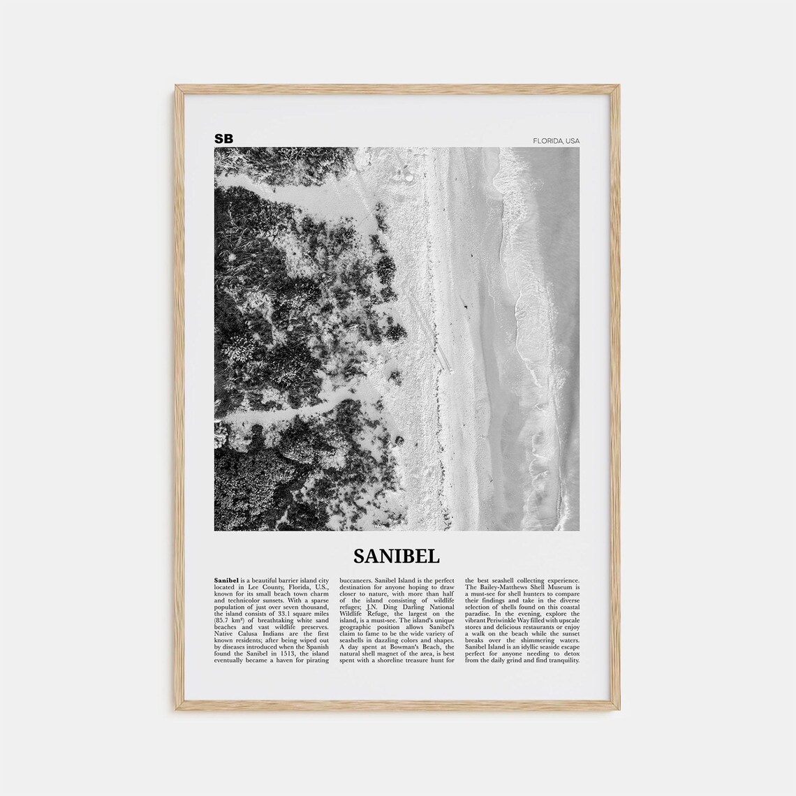 Sanibel Black And White Travel Poster, Florida USA