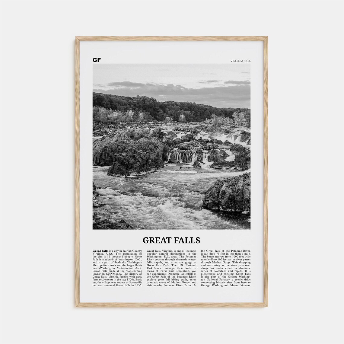 Great Falls Black and White Virginia Art Print