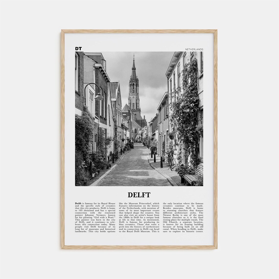Black-and-White Delft Map, Netherlands Travel Poster