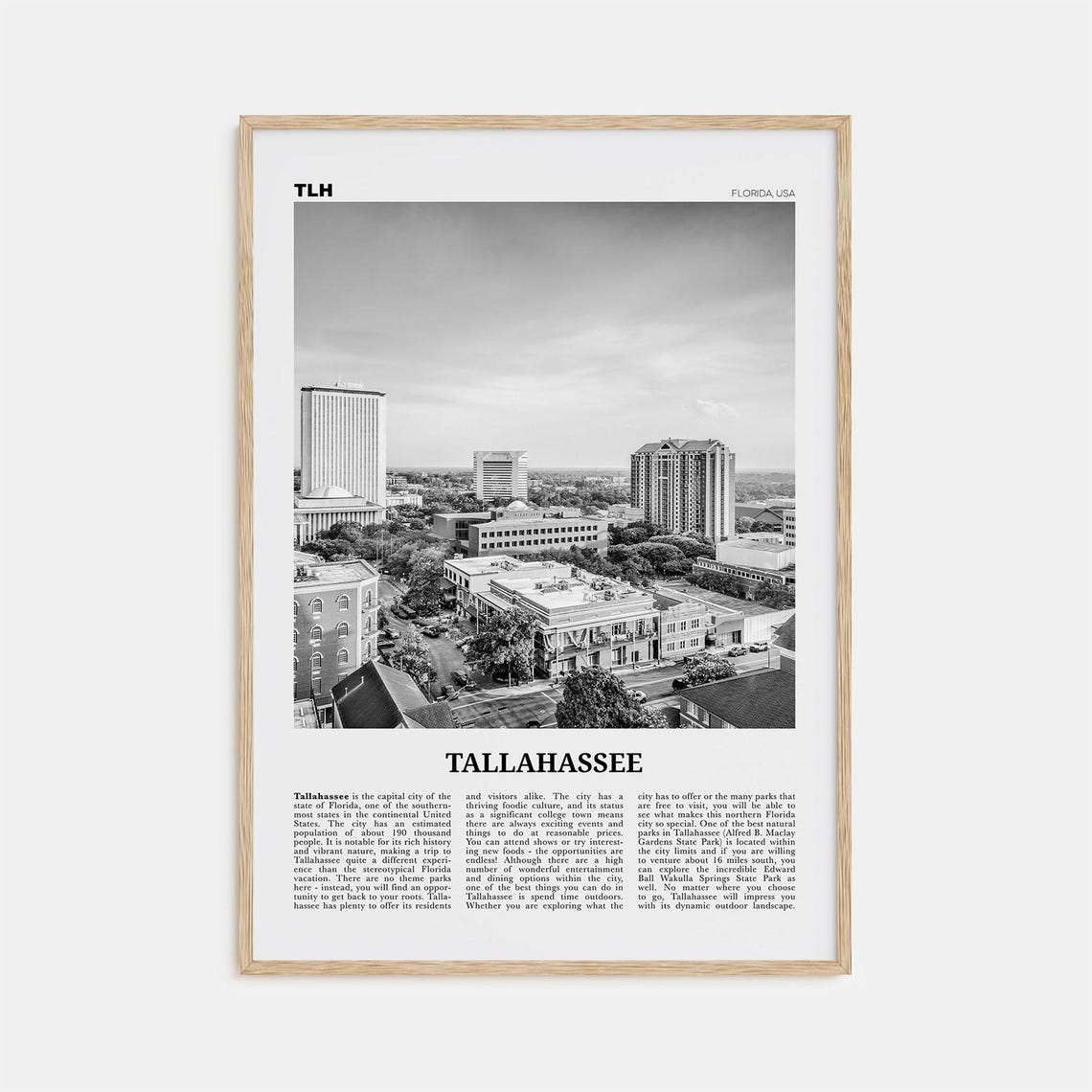 Tallahassee Black and White Travel Poster, Florida USA