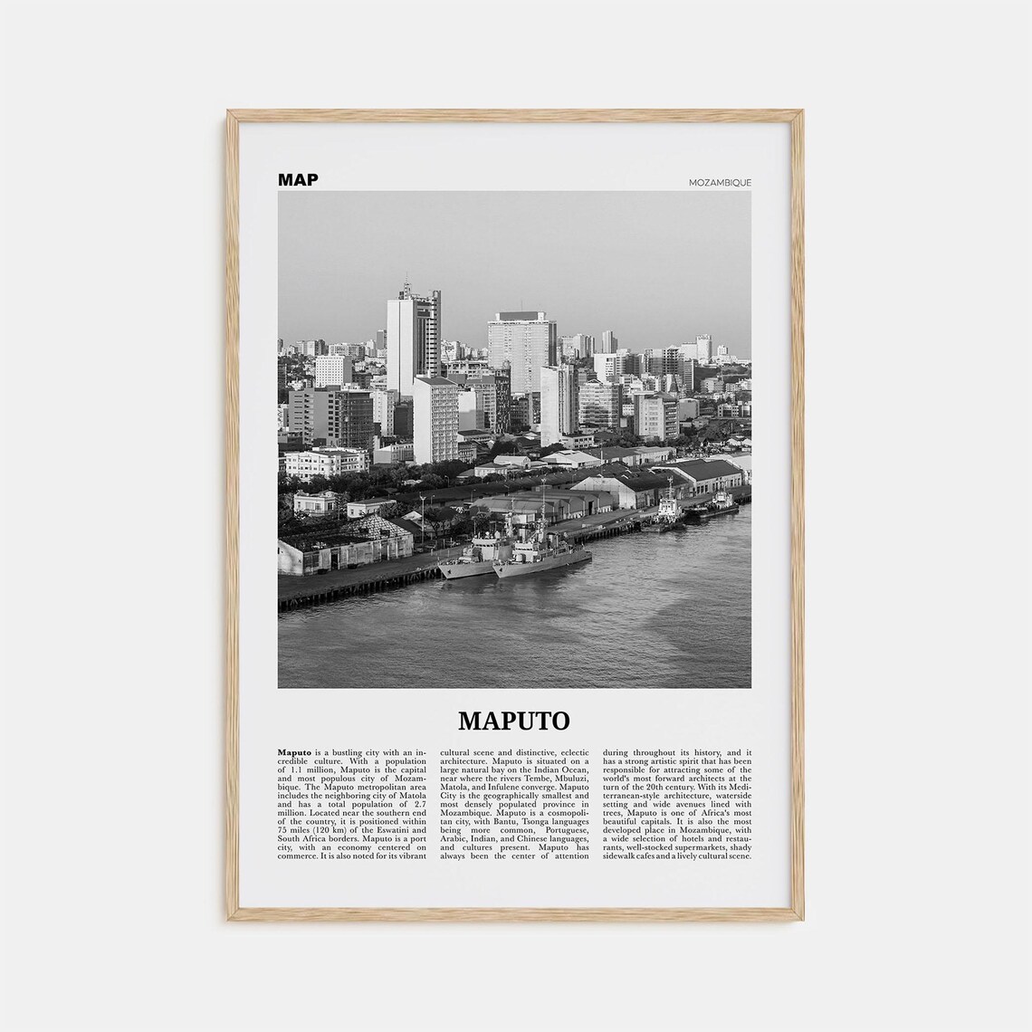 Maputo Black And White Map, Travel Poster