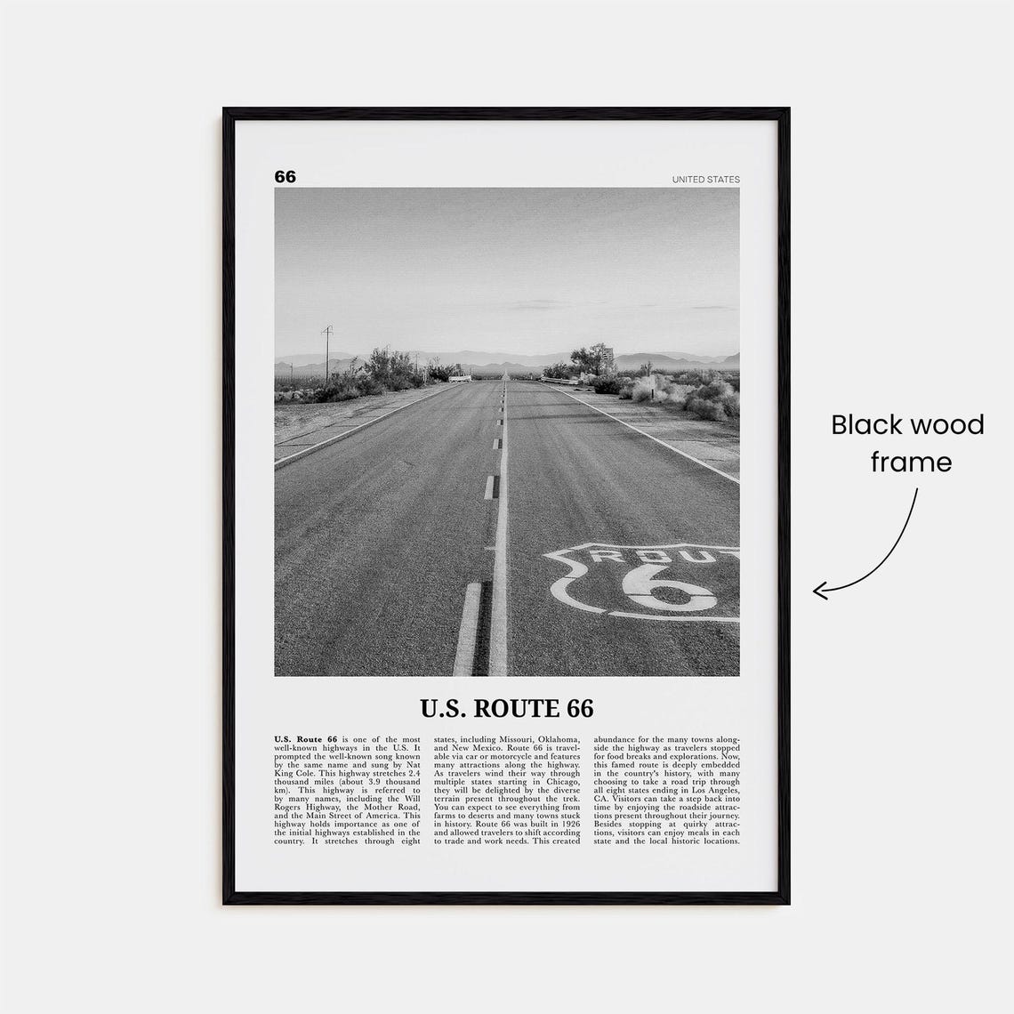 US Route 66 Black And White Travel Map Poster - Image 3