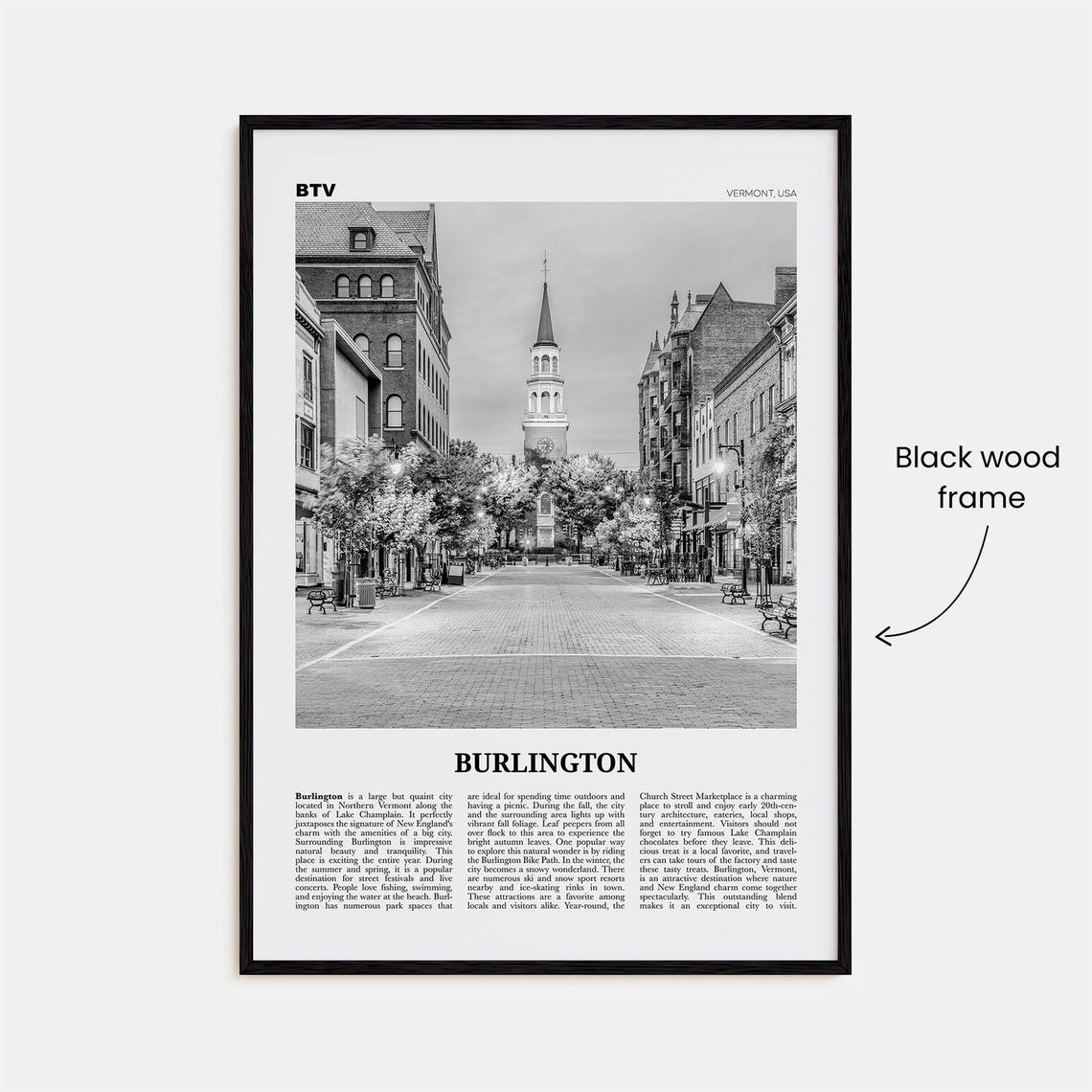 Burlington, Vermont Black and White Travel Poster - Image 3