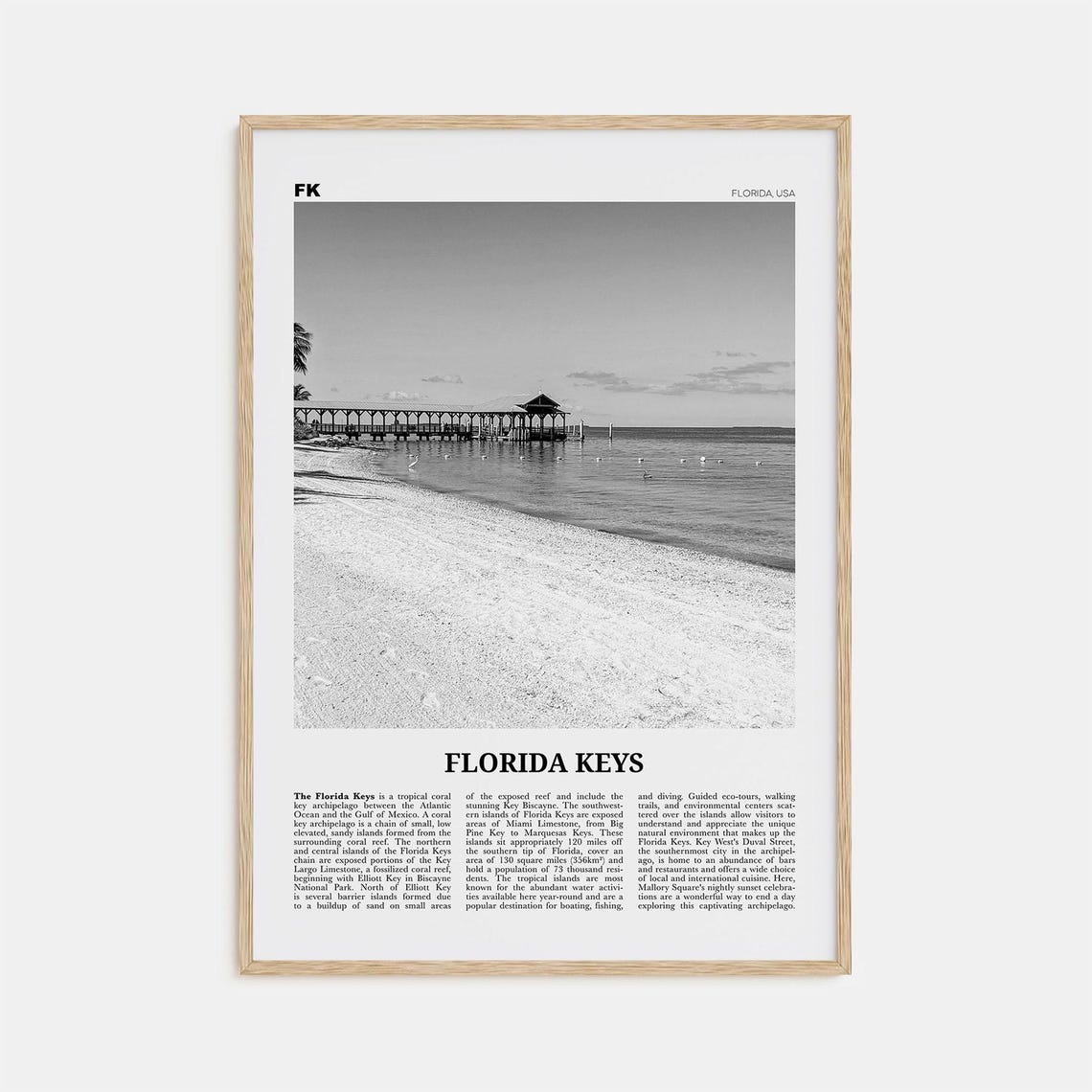 Florida Keys Black and White Travel Poster, Map