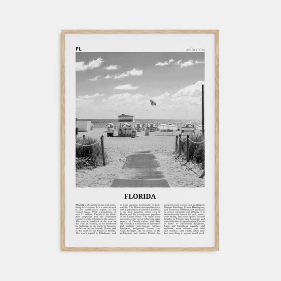 Florida Black and White Travel Poster, USA Art Print