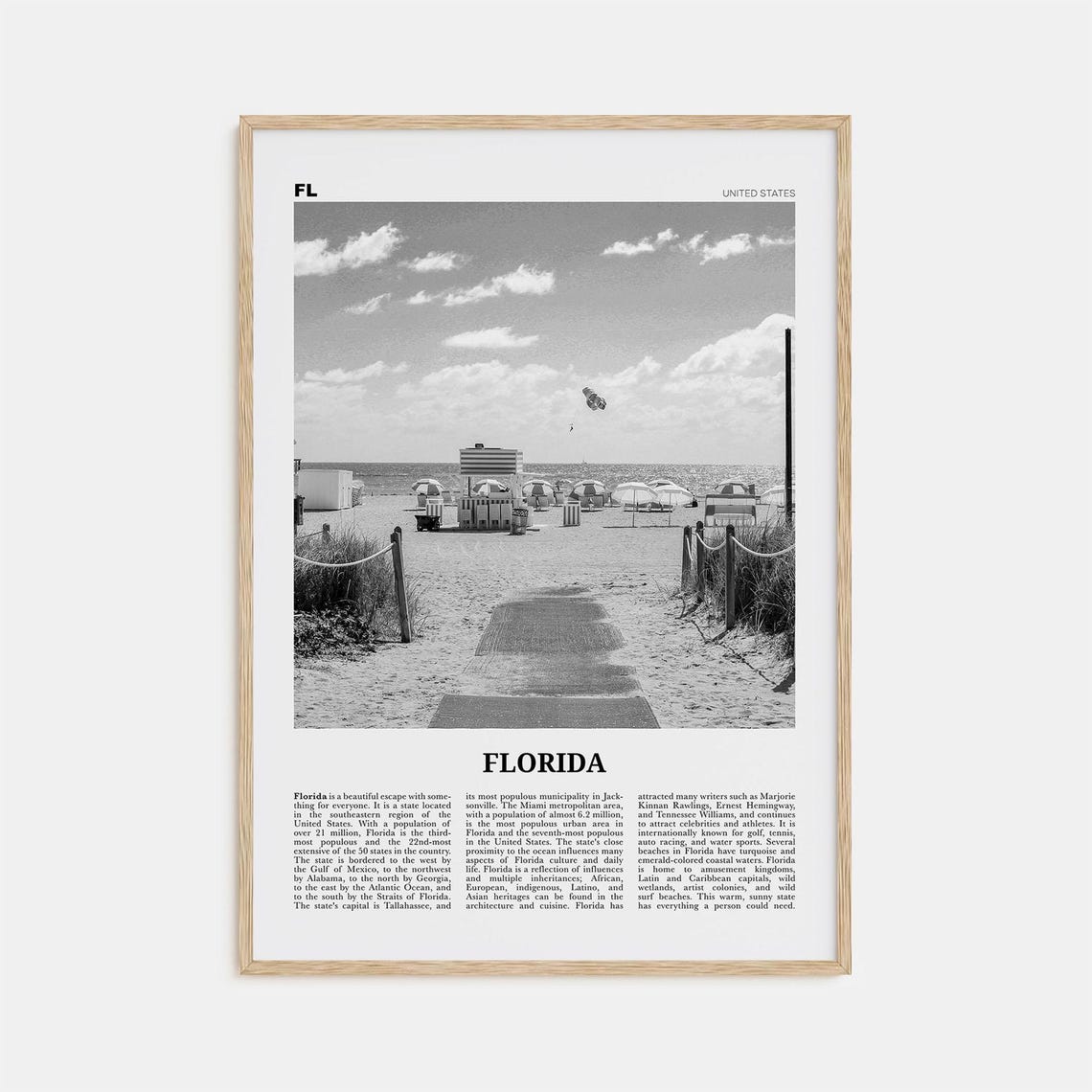 Florida Black and White Travel Poster, USA Art Print