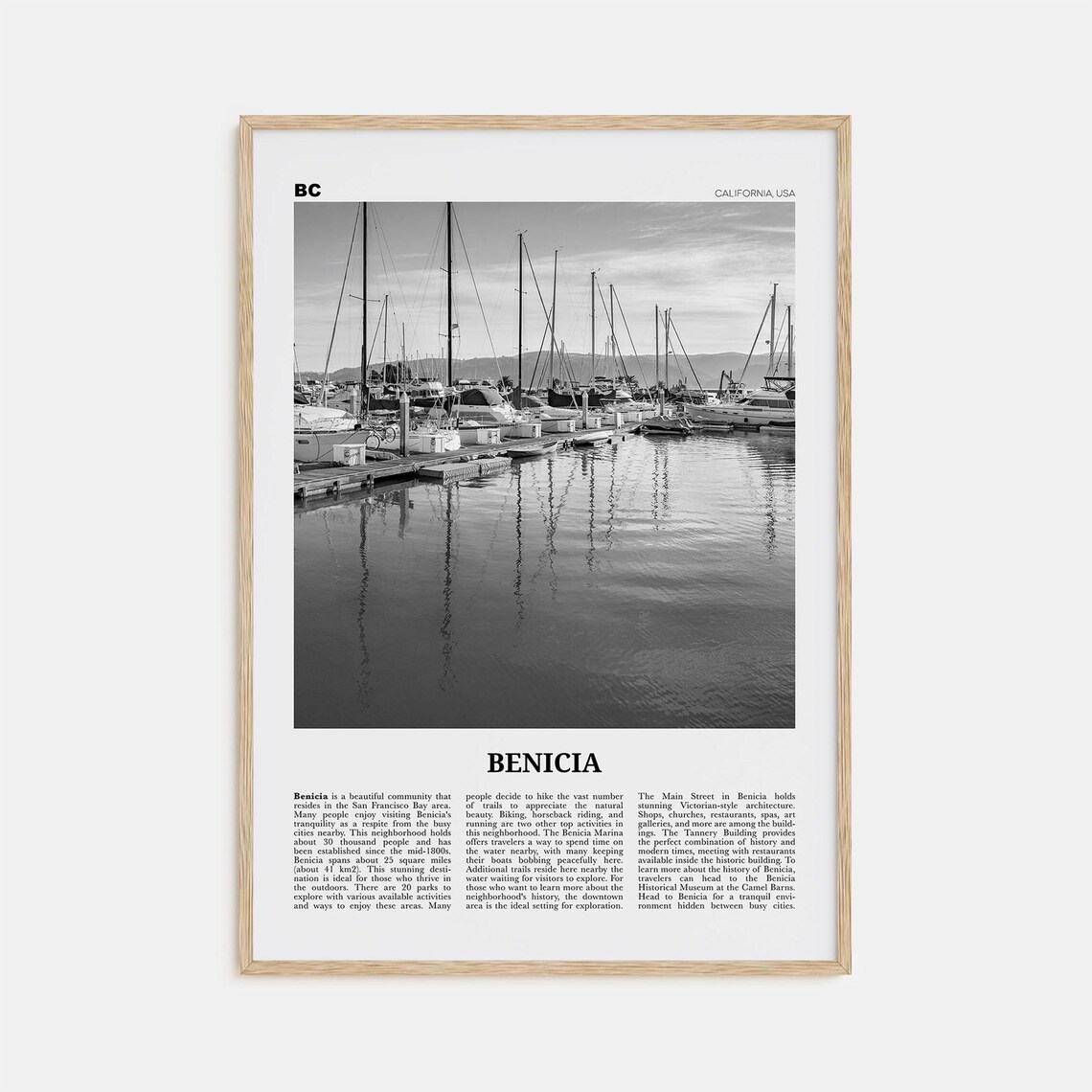 Benicia Black and White Travel Poster, California USA