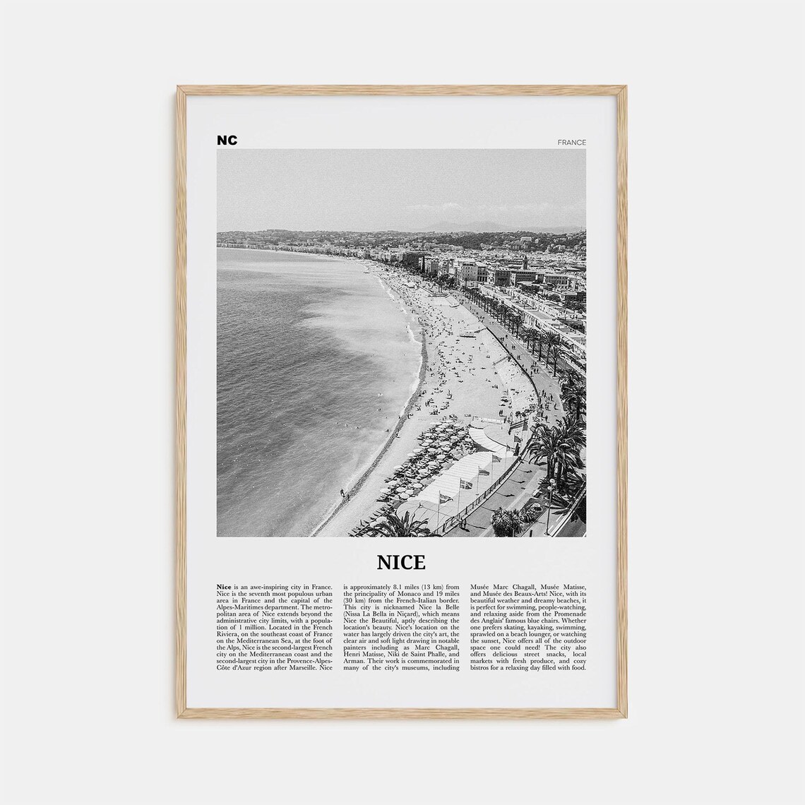 Nice, France Black and White Travel Poster Print