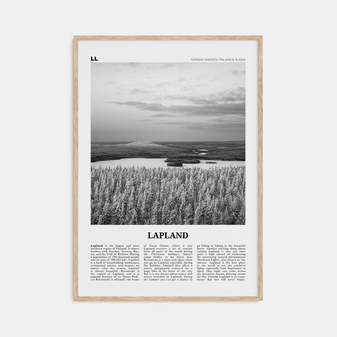 Lapland Black and White Travel Poster, Map Print