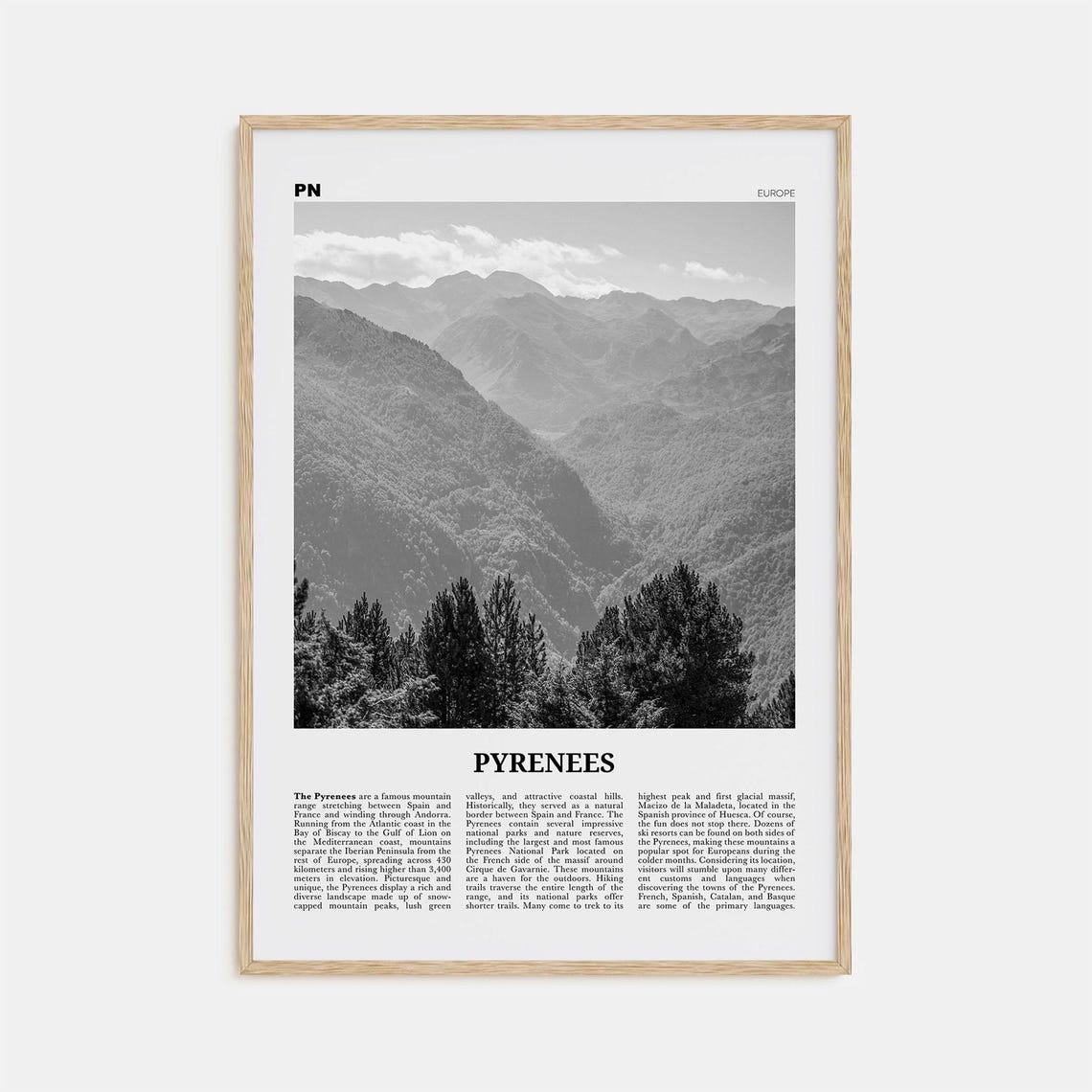 The Pyrenees Black and White Travel Poster Art Print