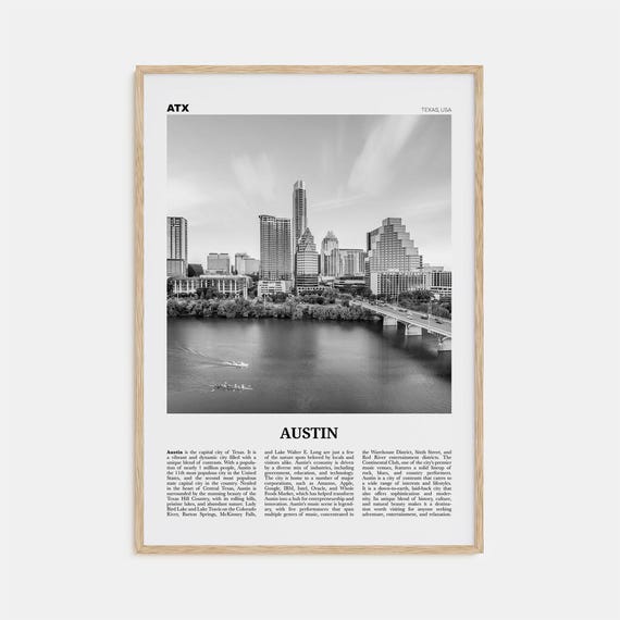 Austin Black And White Travel Poster, Texas USA