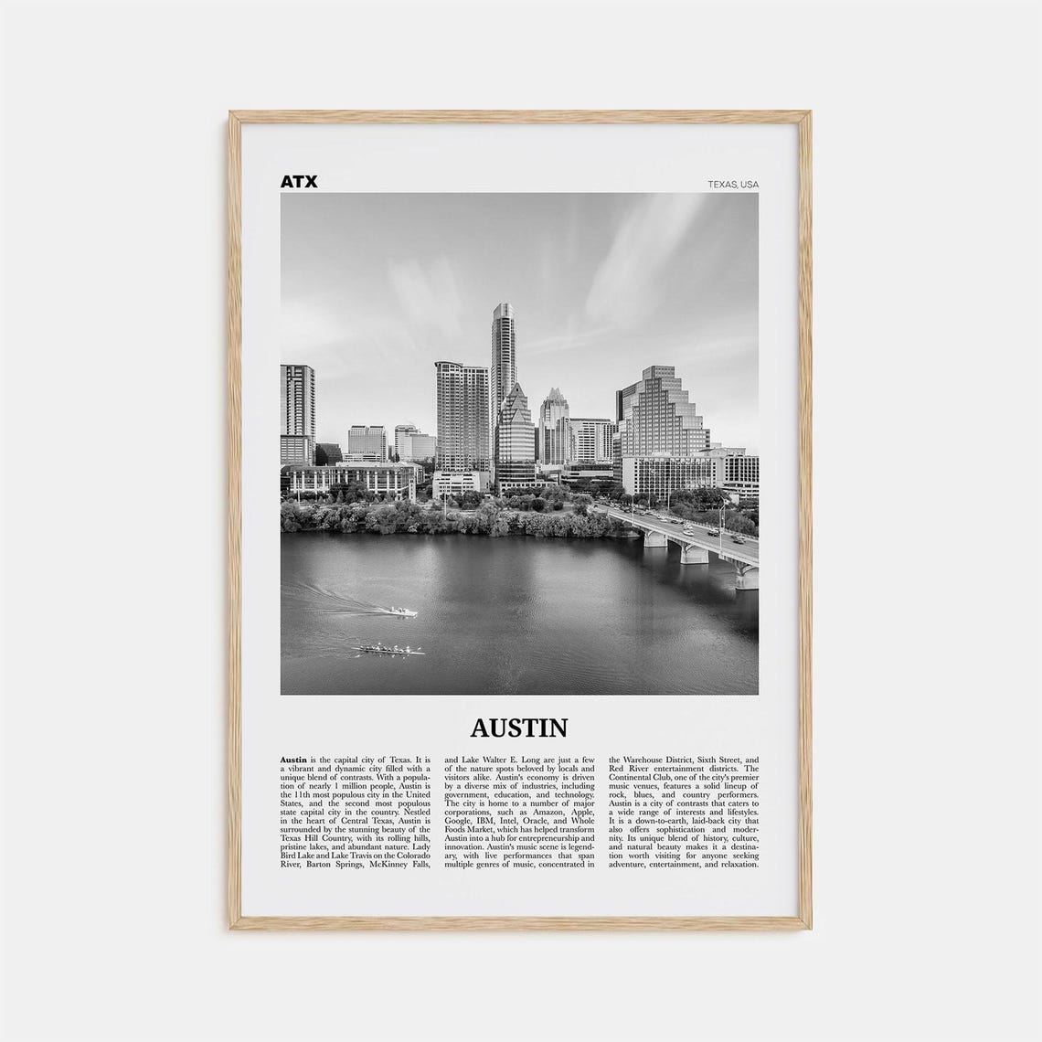 Austin Black And White Travel Poster, Texas USA