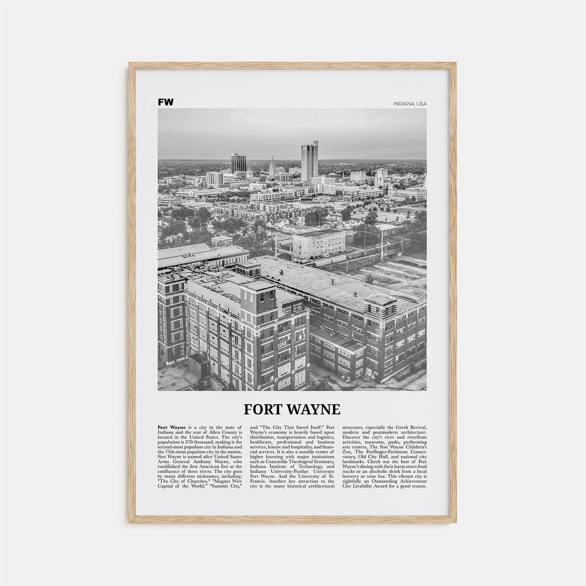 Fort Wayne Black and White Travel Poster, Indiana