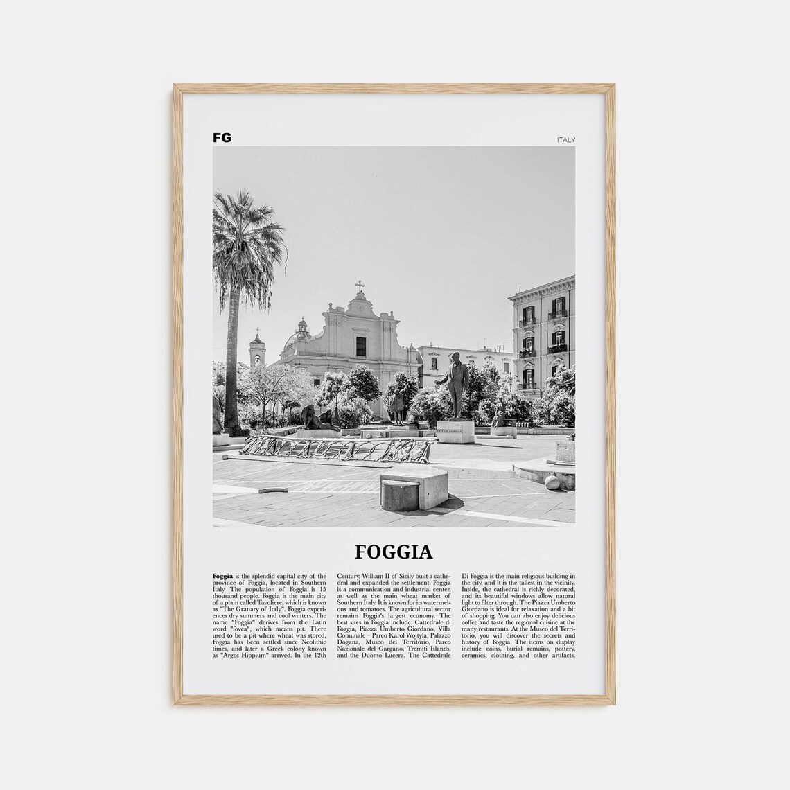 Foggia Black and White Travel Poster, Italy Map