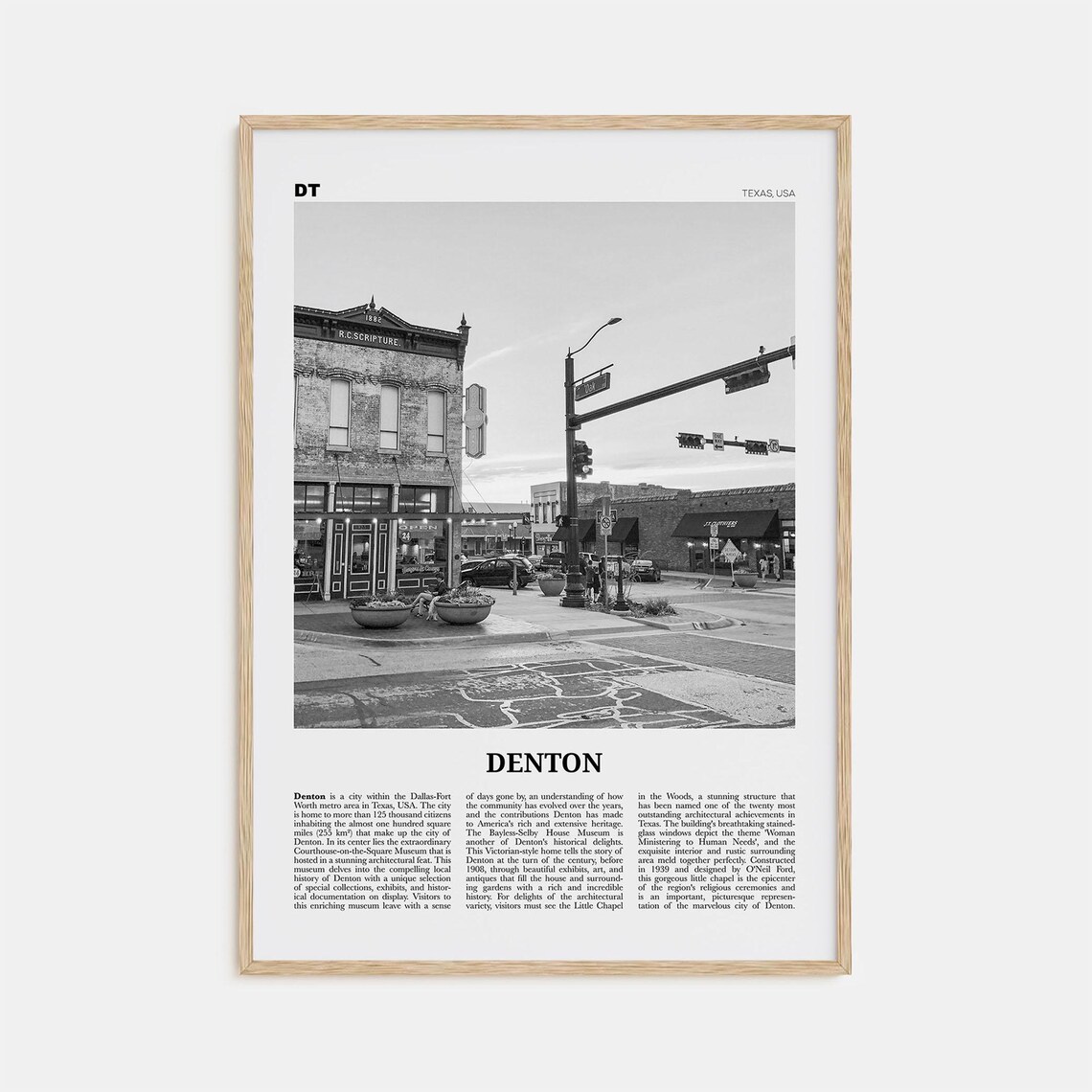 Denton, Texas Travel Poster, Black and White Map
