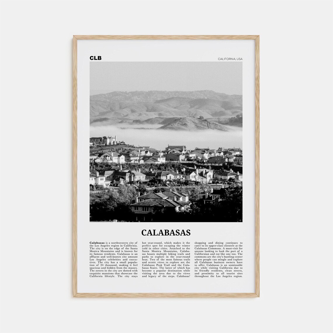 Calabasas Black and White Travel Poster, California