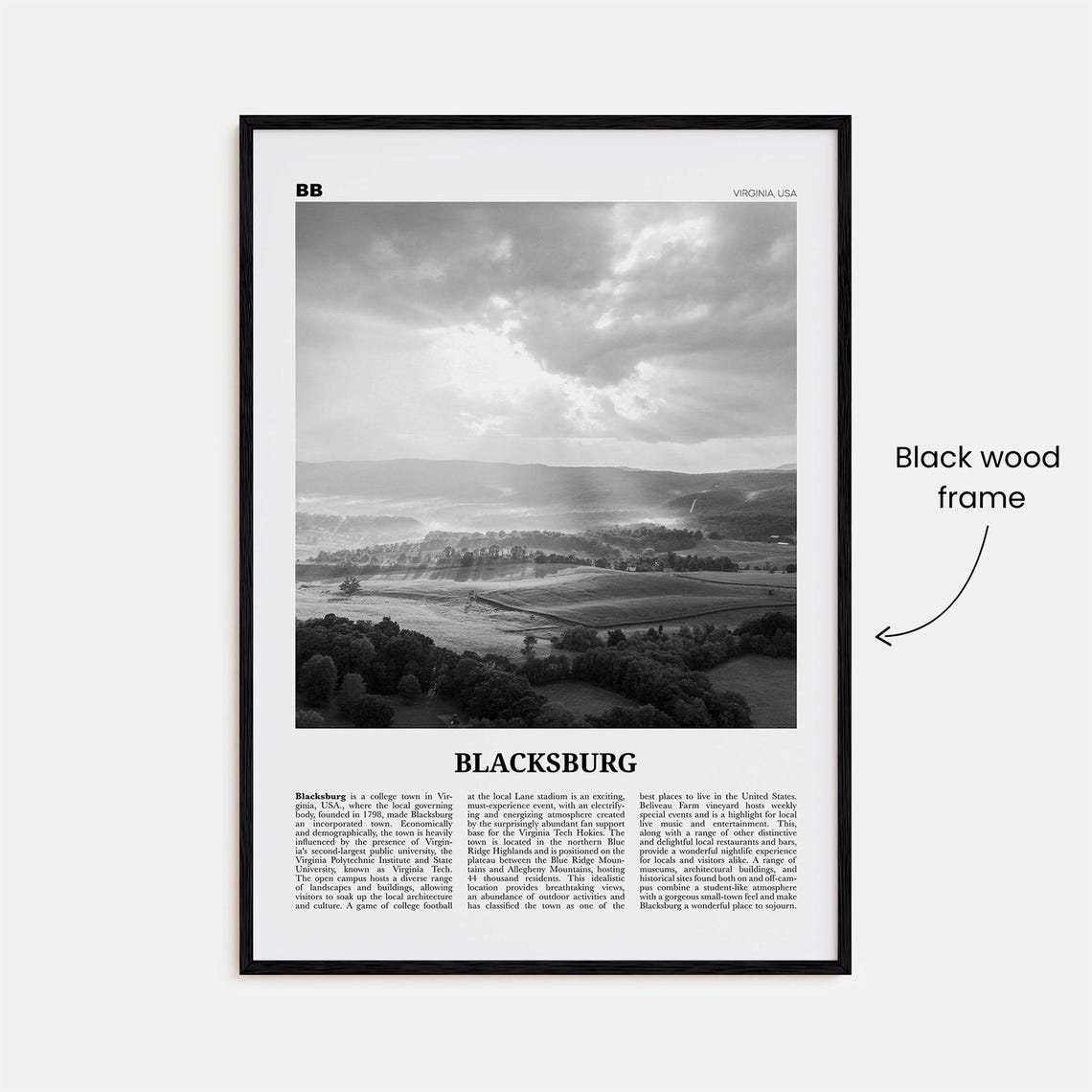 Blacksburg, Virginia Black and White Map Poster Print - Image 3