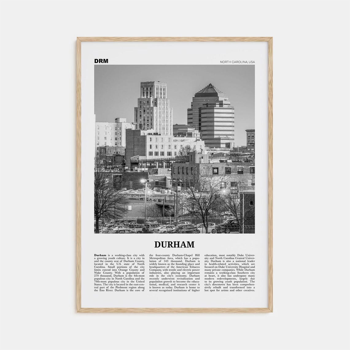 Durham Black and White Travel Poster, North Carolina