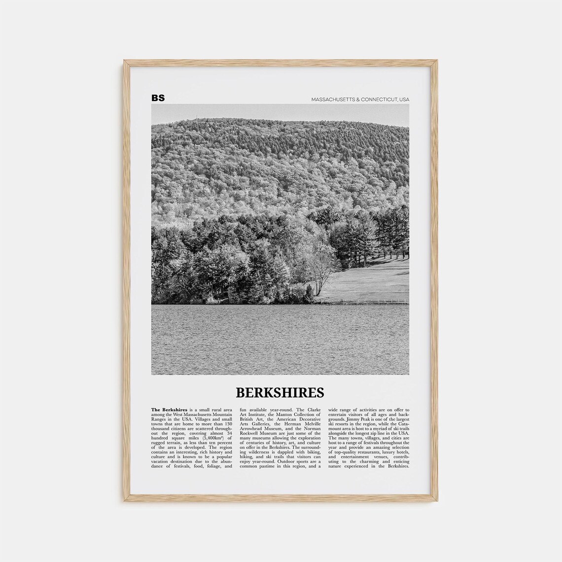 Berkshires Black and White Map Art Print, Massachusetts