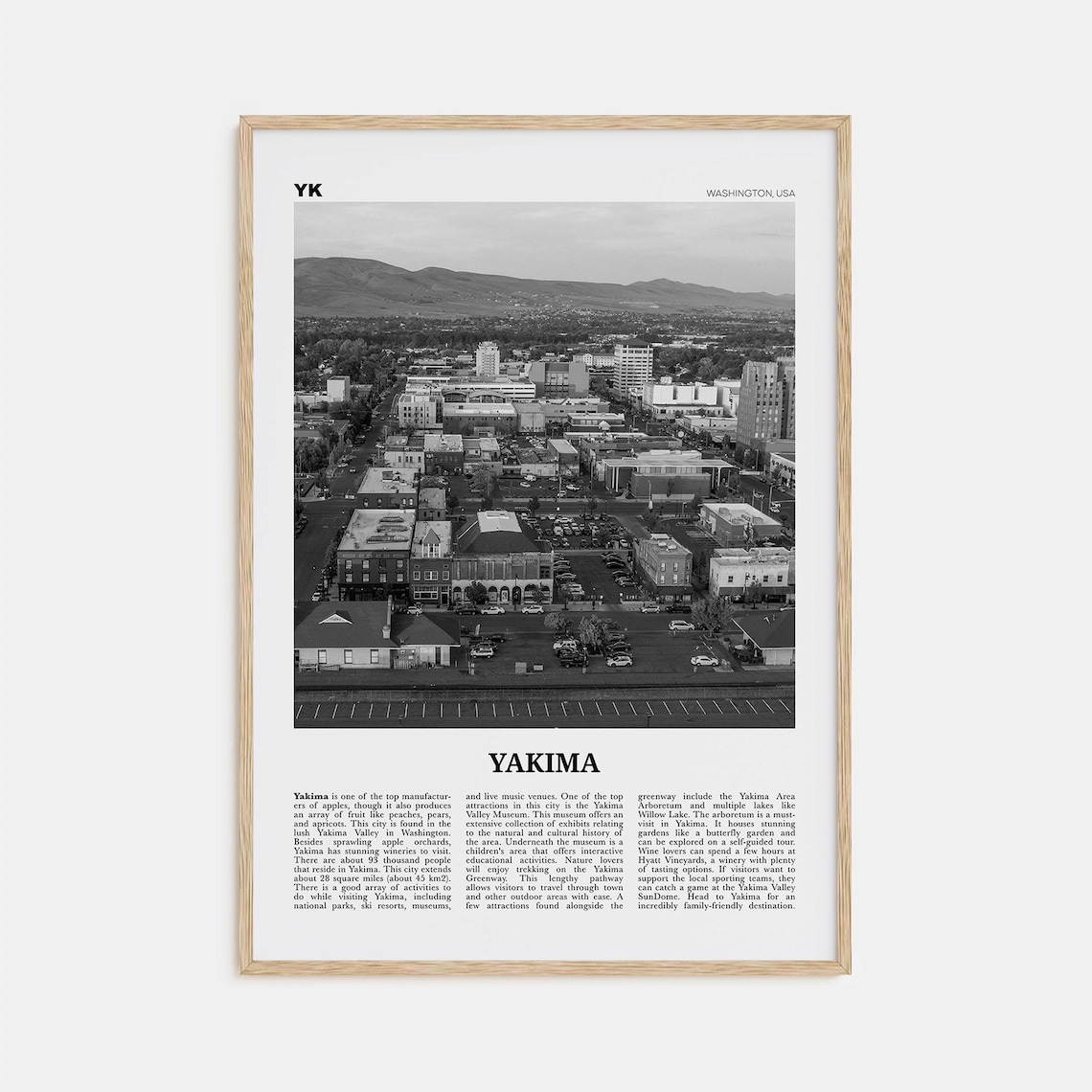 Yakima Black and White Travel Poster, Washington Map