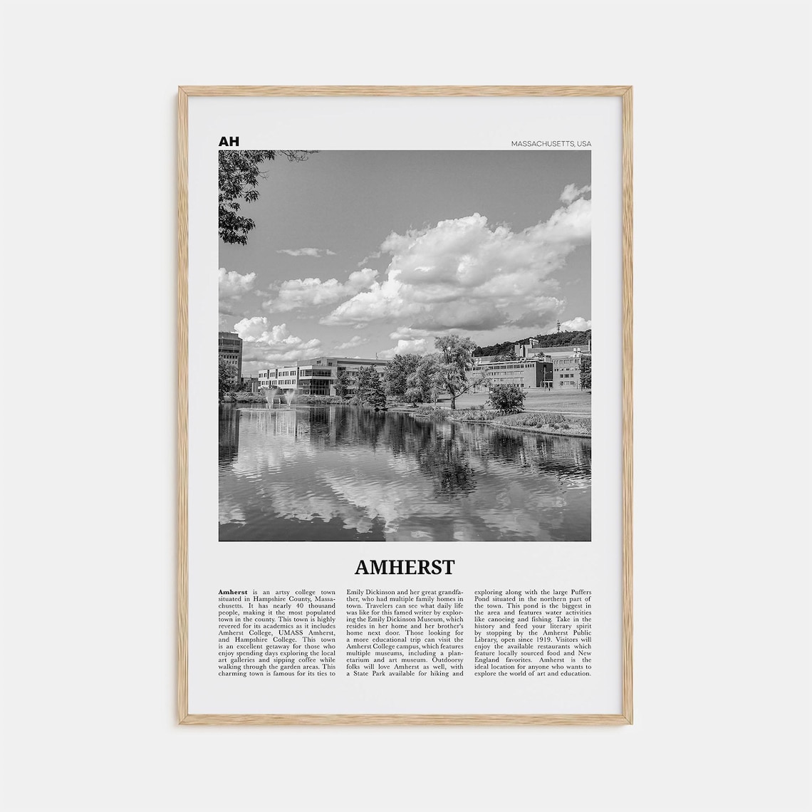 Amherst Map Art Print, Black and White Massachusetts
